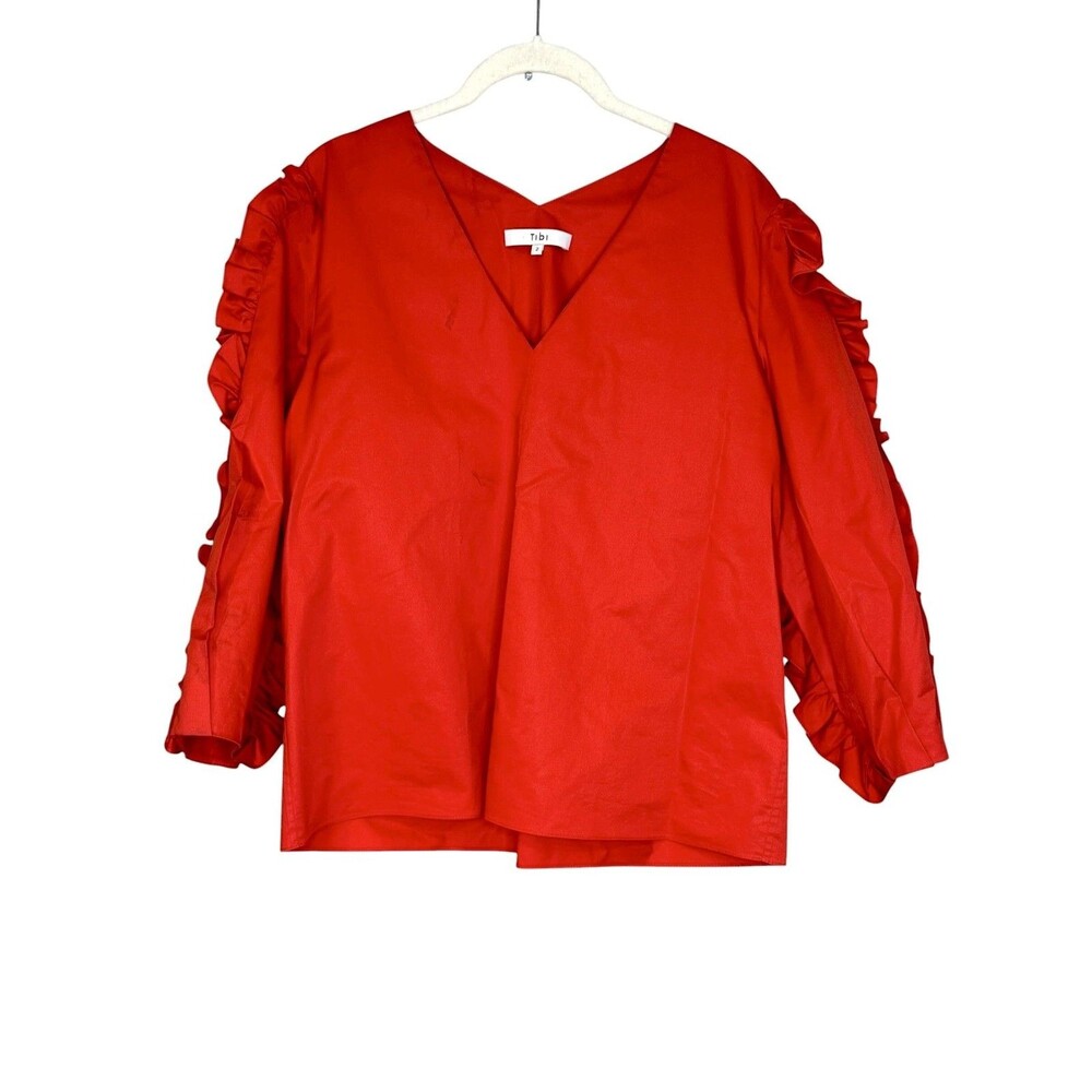 Tibi Blouse Womens 2 Red Ruffle Sleeve V Neck 3/4 Cotton Statement Pullover Top